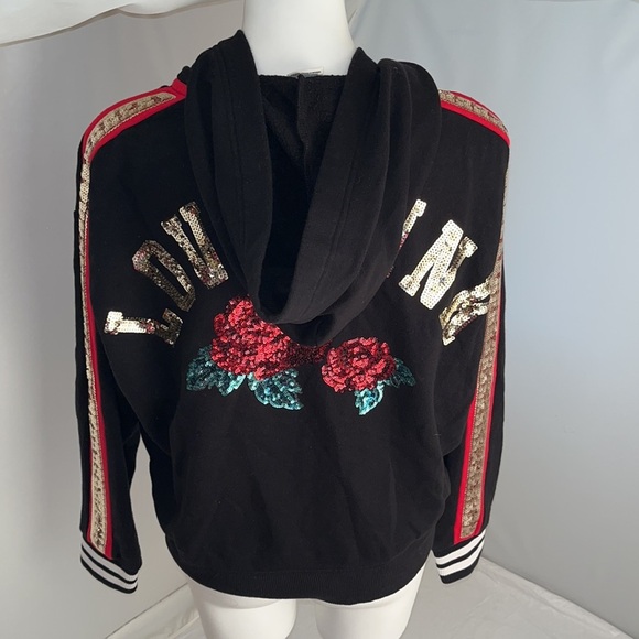 Victoria’s Secret Rose Bling black lace up sequin hoodie L - Picture 7 of 14